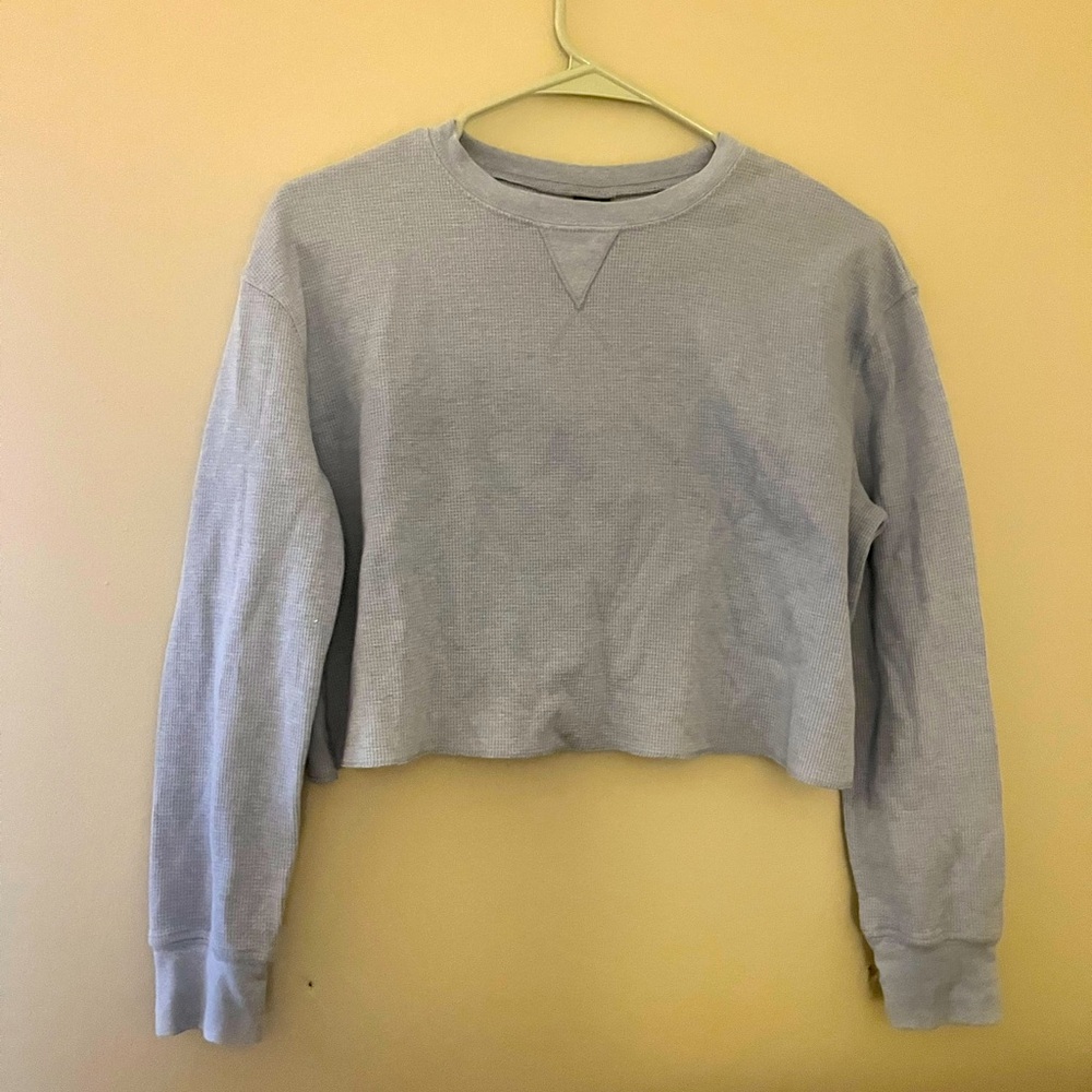Waffle-knit Baby Blue Cropped Crewneck